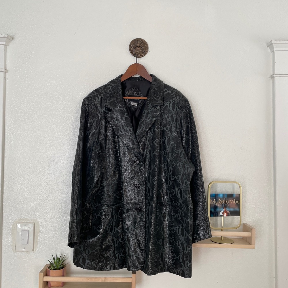 Terry Lewis Snakeskin Print Leather Blazer Jacket‎ Black Grey Metallic 3X